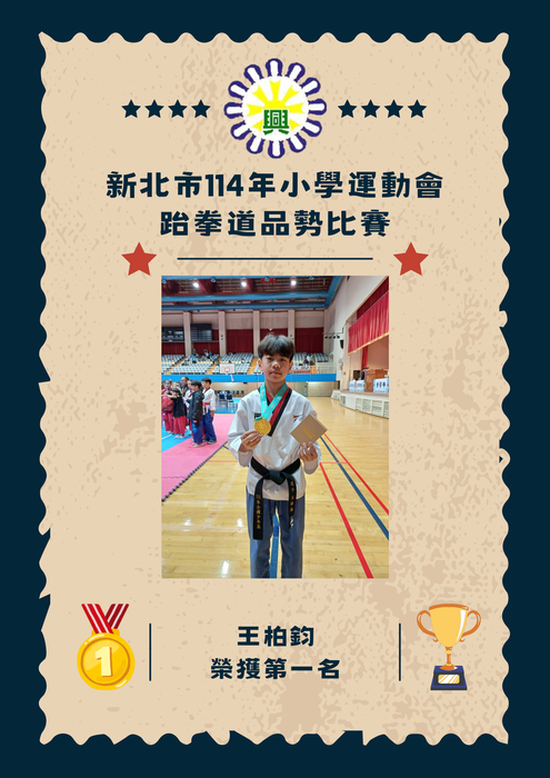 恭賀📣本校602王柏鈞同學榮獲新北市114年小學運動會-跆拳道男童組甲組個人賽品勢比賽冠軍殊榮！🏅(另開新視窗/png檔)圖片